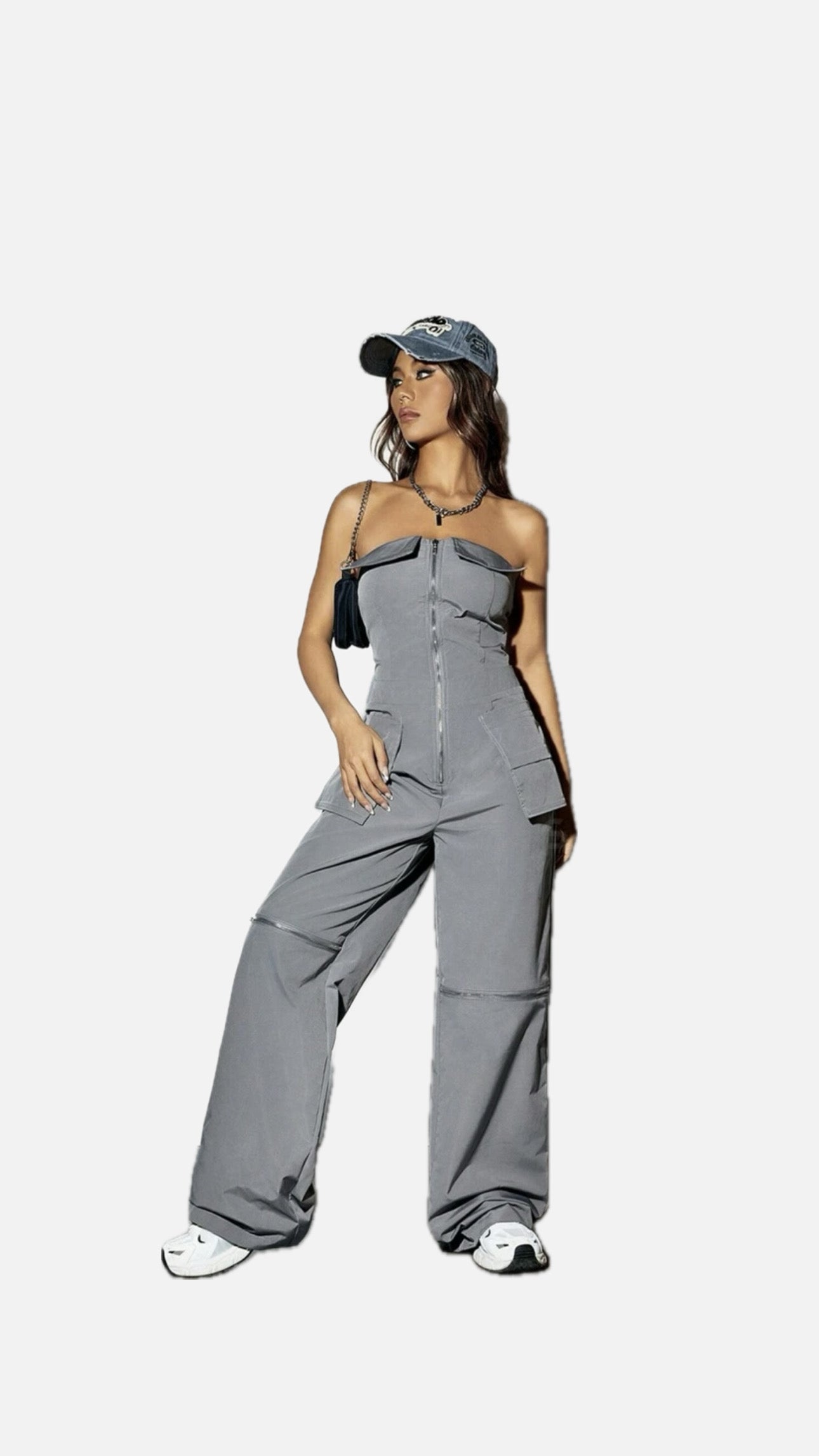 Cargo jumpsuit with pockets and zipper on the strapless sides