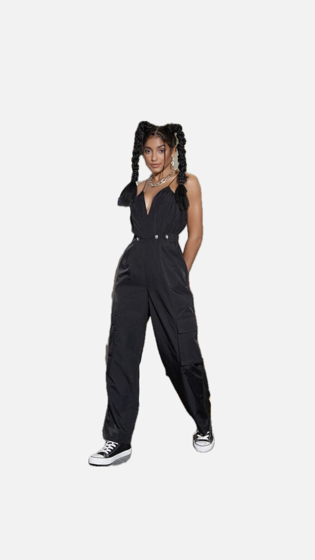 Deep V Neck Slit Jumpsuit with Flap Side Pocket