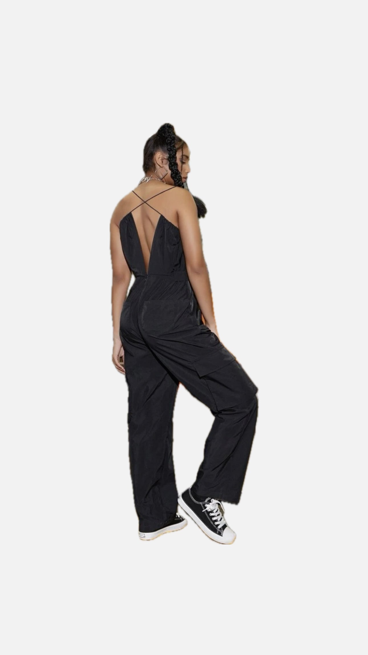 Deep V Neck Slit Jumpsuit with Flap Side Pocket