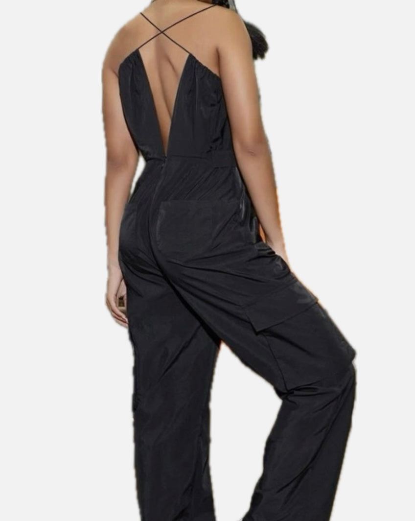 Deep V Neck Slit Jumpsuit with Flap Side Pocket