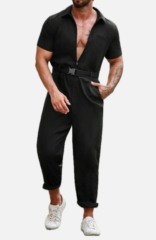 Men’s Solid Color Baggy Jumpsuit with Slant Pockets and Belt