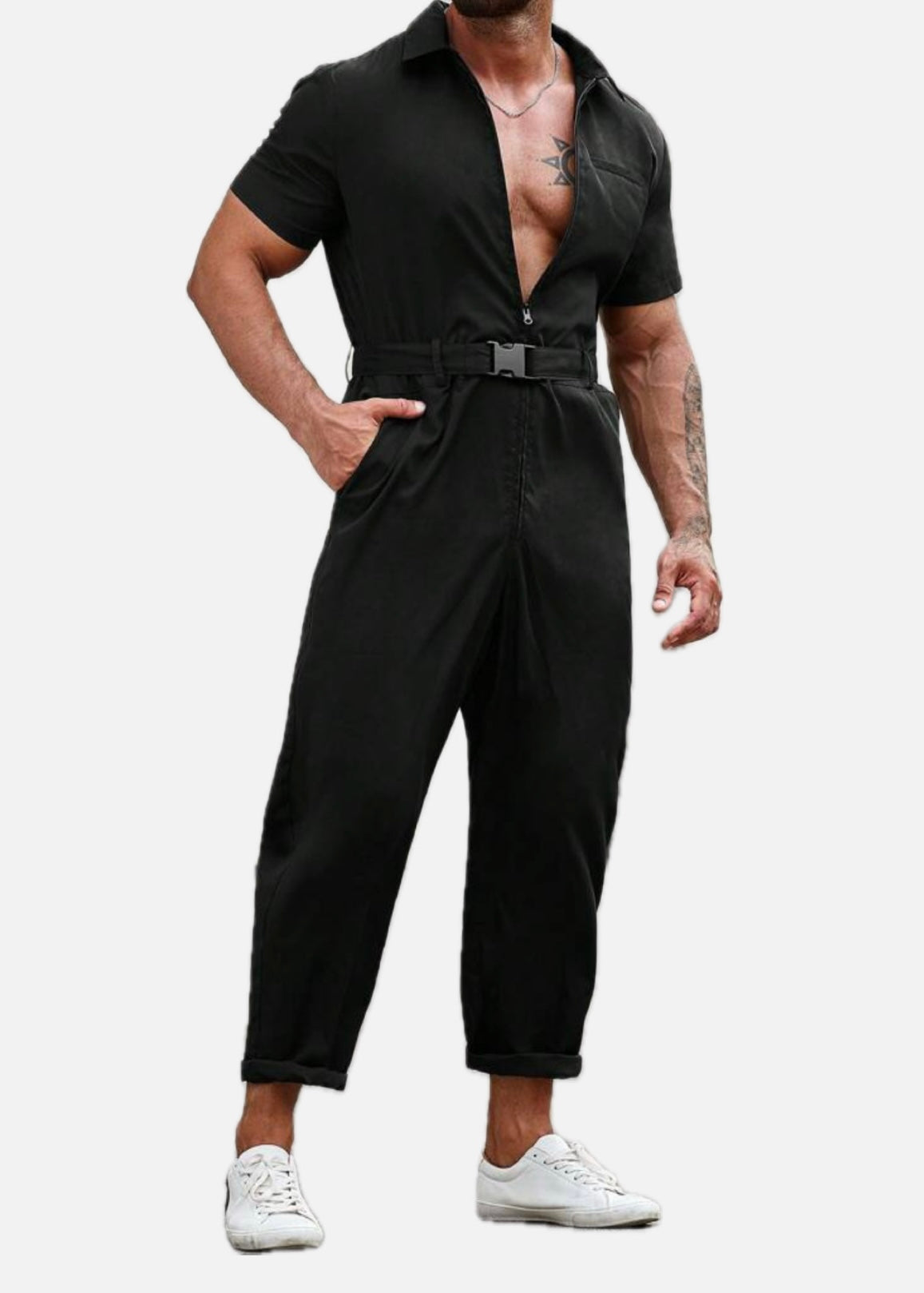 Men’s Solid Color Baggy Jumpsuit with Slant Pockets and Belt