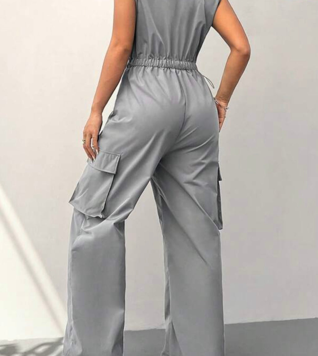 Gray Sleeveless Cargo Jumpsuit