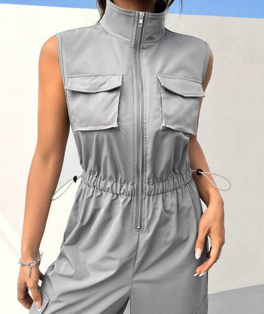 Gray Sleeveless Cargo Jumpsuit