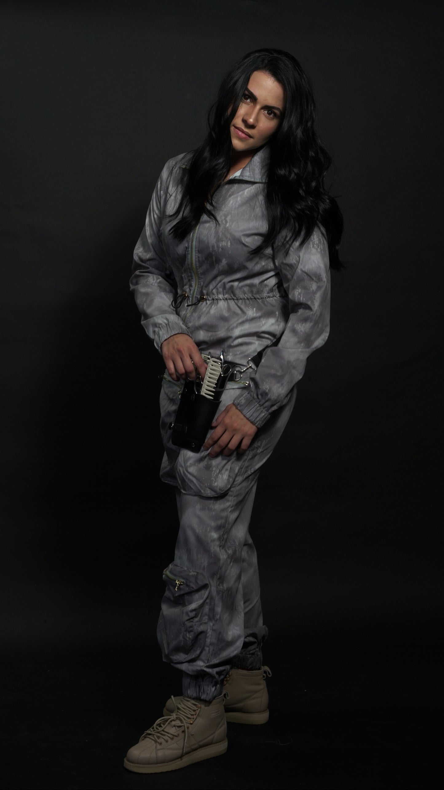 Long Sleeve Cargo Jumpsuit / Gray Multicolor