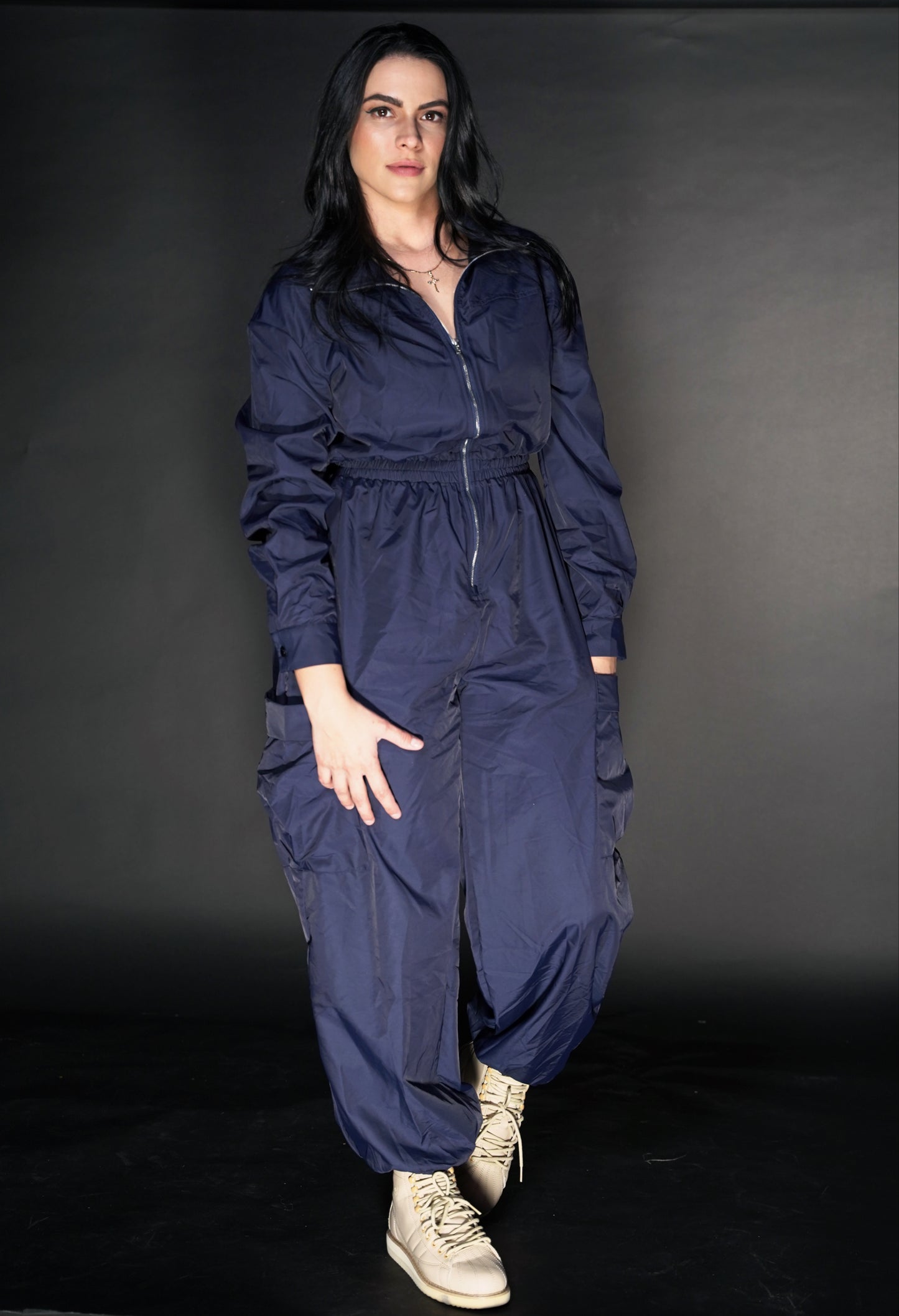 Drop Shoulder Mid Slit Side Pocket Jumpsuit