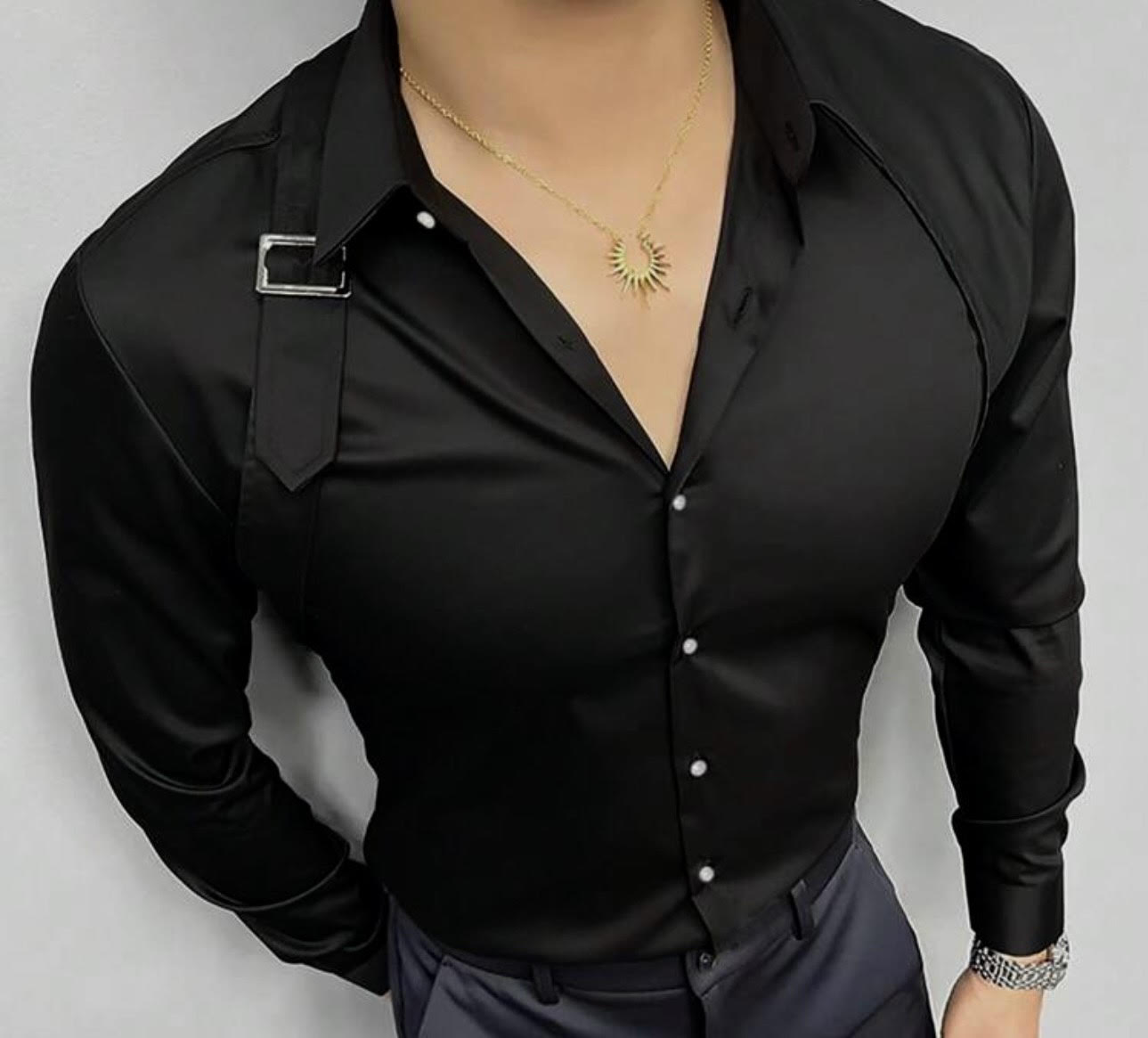 Men's Solid Color Asymmetrical Long Sleeve Shirt