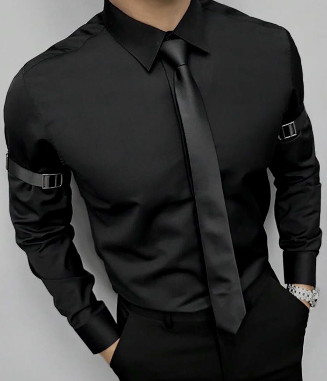 Plain Men's Long Sleeve Shirt with ribbons on the arms and buckles on the sleeves