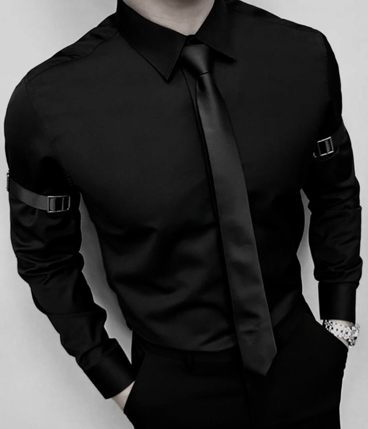 Plain Men's Long Sleeve Shirt with ribbons on the arms and buckles on the sleeves